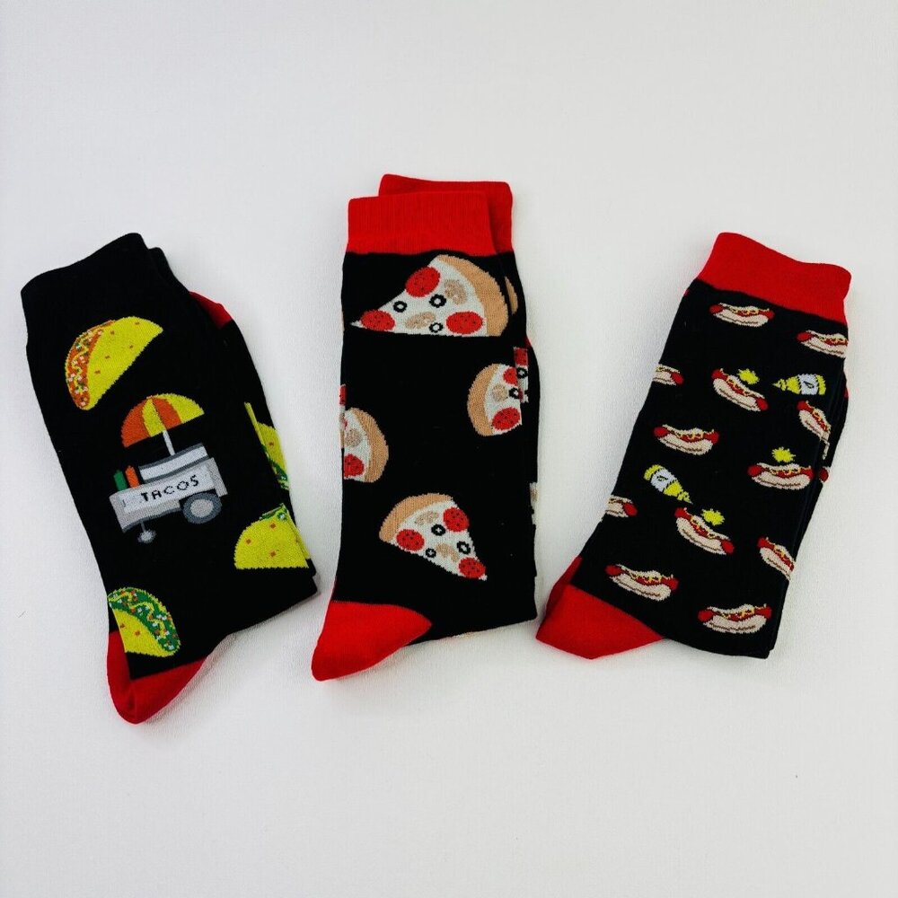 Lot of 2 Novelty Food Socks by Tacos, Pizza, Hotdogs Black One Size NWT